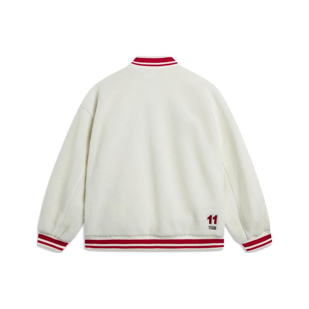 Li Ning Color Block Trim Stripes Letter Logo Sherpa Fleece Lined Jacket Unisex Ivory AFDSD31-1