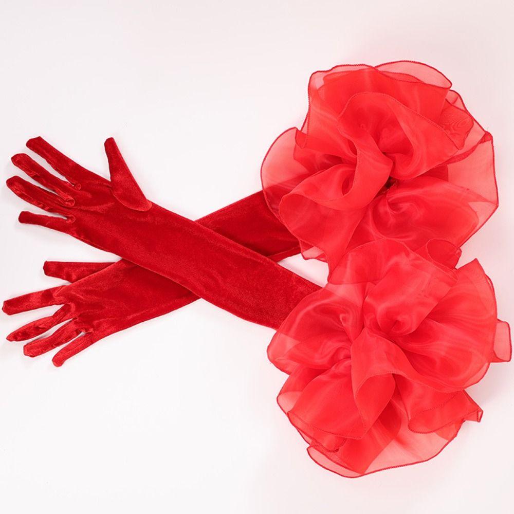 Elastic Long Gloves Elegant Wedding Bridal Gloves Retro Ruffles Velvet Mittens  Dress Accessories