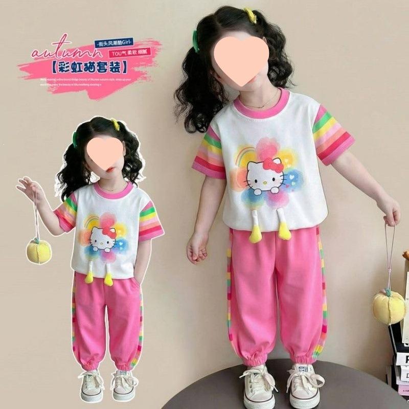 Girls Summer Lightweight Short Sleeve Set with Cute Cat Print 90