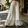 Pantaloni da Donna, Vita Alta Regolabile con Coulisse, Pantaloni Lunghi Estivi a Colore Puro, Vestibilità Larga, Orlo con Inserti in Pizzo