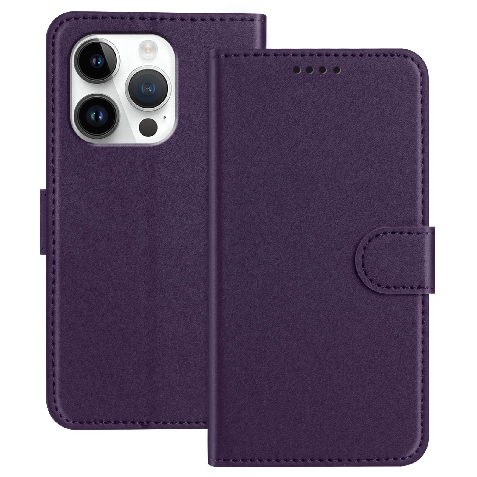 

For iPhone 16 Pro Leather Case Wallet Stand Solid Color Anti Drop Phone Cover Purple