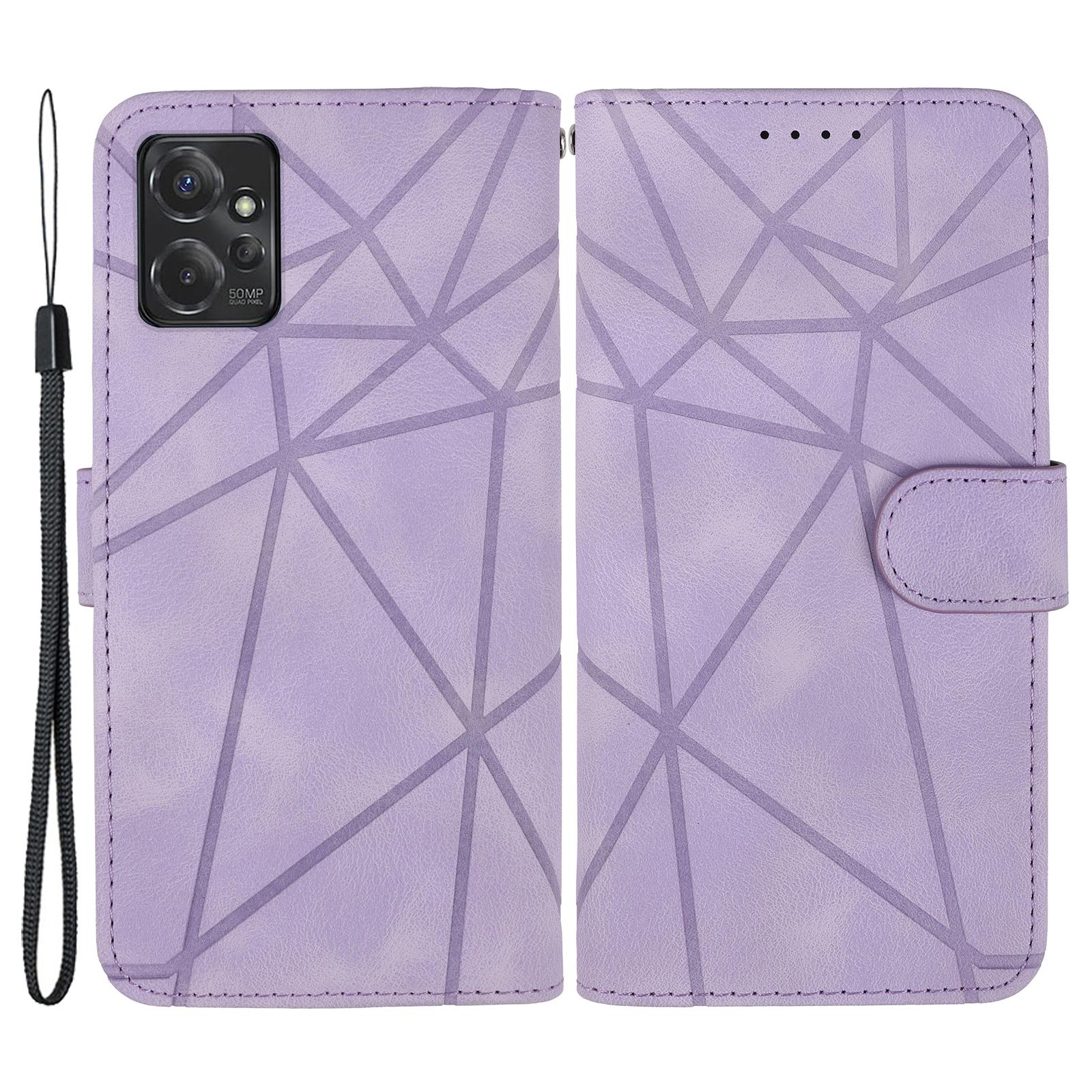 

For Motorola Moto G 5G (2023) Phone Case Skin-Touch Lines Imprint Leather Flip Cover with Strap Purple