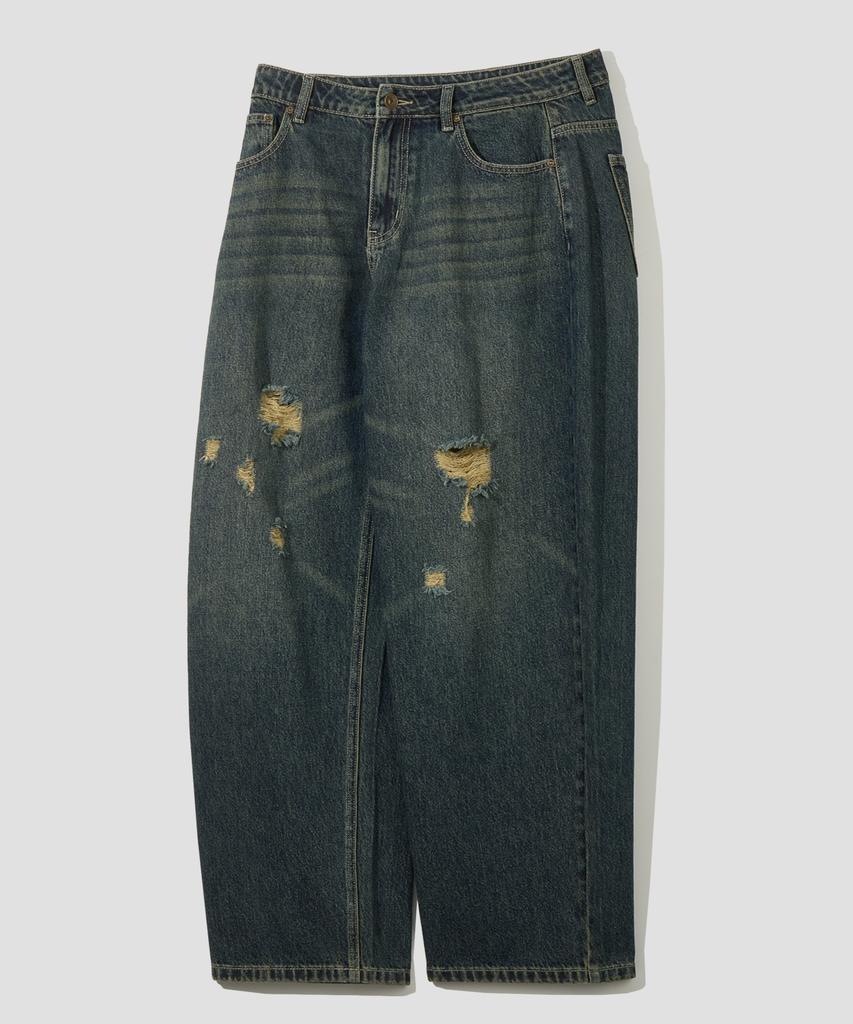 AGOD Vintage Washed Damaged Wide Denim Pants [Sand Indigo]