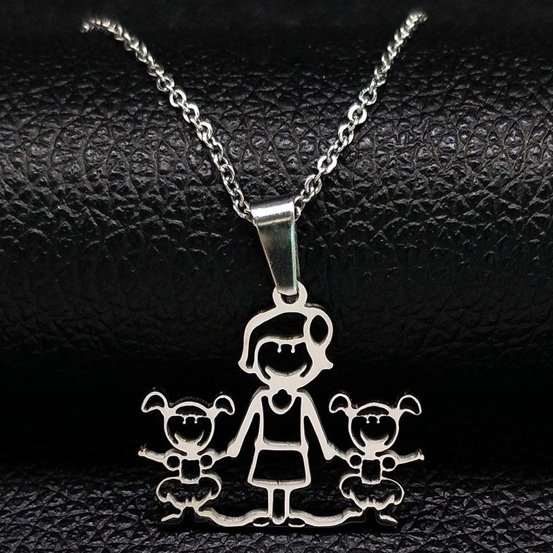 Mothers and Children Family Stainless Steel Necklaces Silver Color Necklace Jewelry dia de la madre Mother's Day Gift N328S01