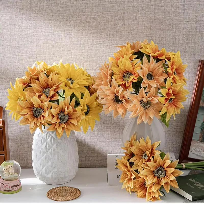 5Pcs/bunch Artifcial Flowers PU Sunflower Bouquet Wedding Decor Fake Flowers Sunflower Home Decoration Accessories Party Floral