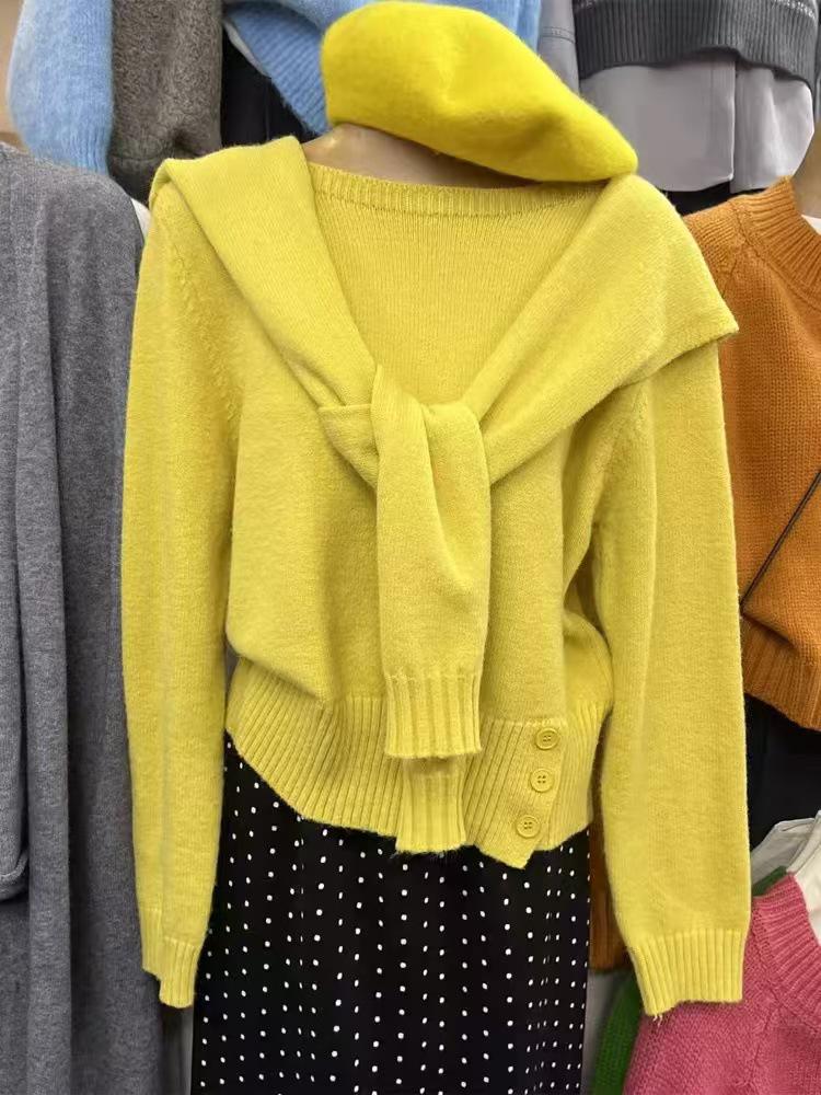 Korean Chic Waist-Cinched Loose Slimming Sweater with Shawl, Long Sleeve Knit Top for Autumn/Winter