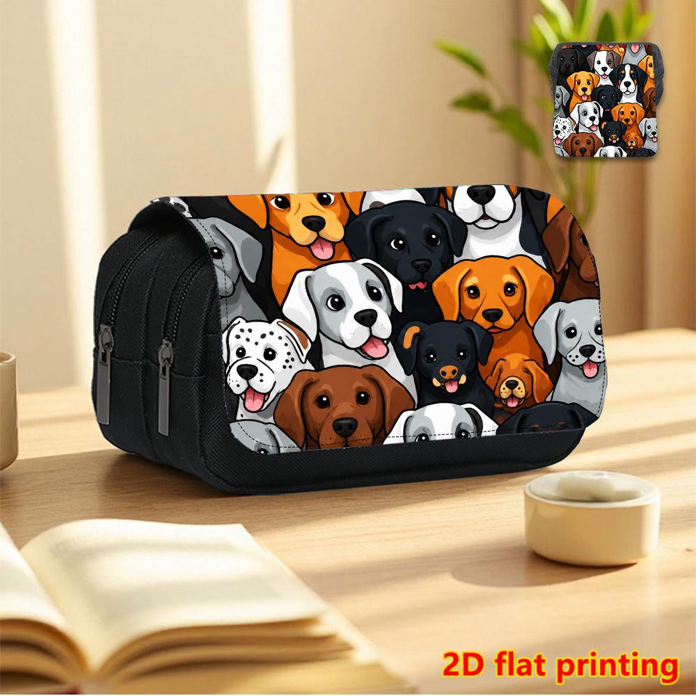 Cute Puppy Print Double-Layer Flip-Top Pencil Case Suitable for School & Travel - Large Capacity Multi-Functional Organizer with Pencil Box & Cosmetic