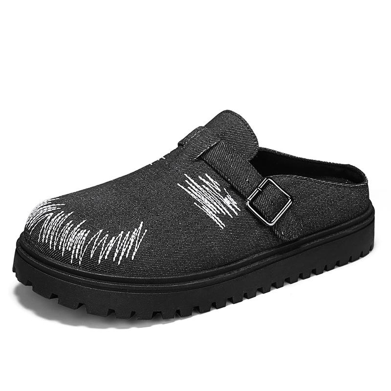 Fashion 2025 New Distress Thick Soled Slippers Round Toe Buckle Belt Slip On Retro Couples Shoes Summer Solid Leisure Concise Shoes