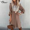 Celmia Spring Autumn Women's Fashion Lace Printed Midi Dress Ruffle Long Sleeve Lace-up Casual Loose Short Dresses Vestidos Plus Size