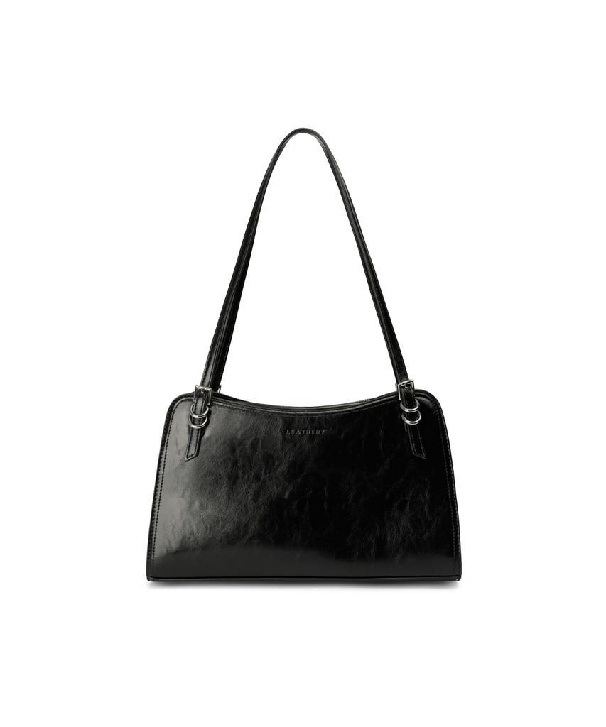 Leathery Wavy Shoulder Bag [Black]
