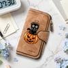 Halloween Black Cat Pumpkin Pattern Long PU Wallet Cute Fashion Multi Card Slot Purse for Daily Use 