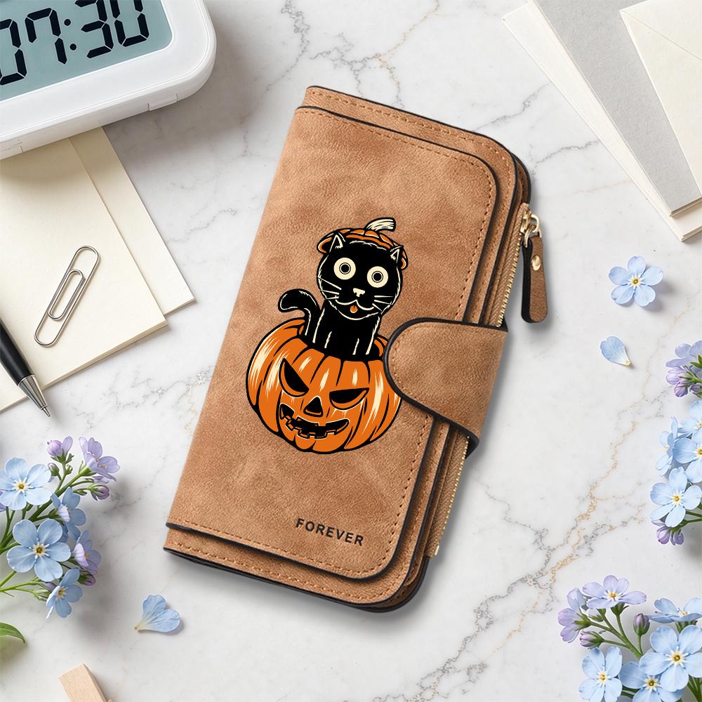 Halloween Black Cat Pumpkin Pattern Long PU Wallet Cute Fashion Multi Card Slot Purse for Daily Use