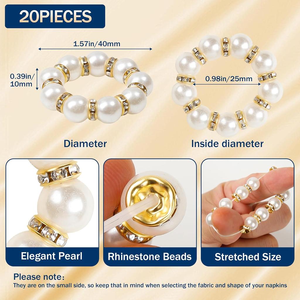Gold Napkin Rings 20Pcs, Imitation Pearl Napkin Rings Napkin Holder, Elegant Rhinestone Gold Beaded Serviette Buckles for Weddings, Party Supplies &