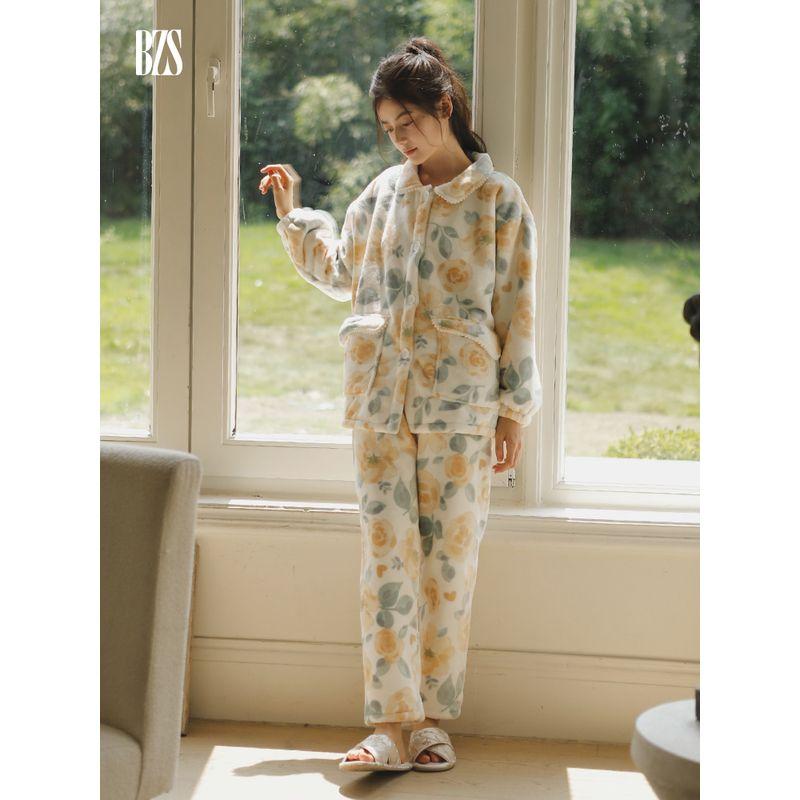 

Fall and Winter New Arrival Fleece-lined Thickened Milk Fiber Cashmere Composite Velvet Two-Tone Rose Print Pajamas Home Wear Suit Yellow Rose XL [recommend 67.50 kg-77.50 kg]]