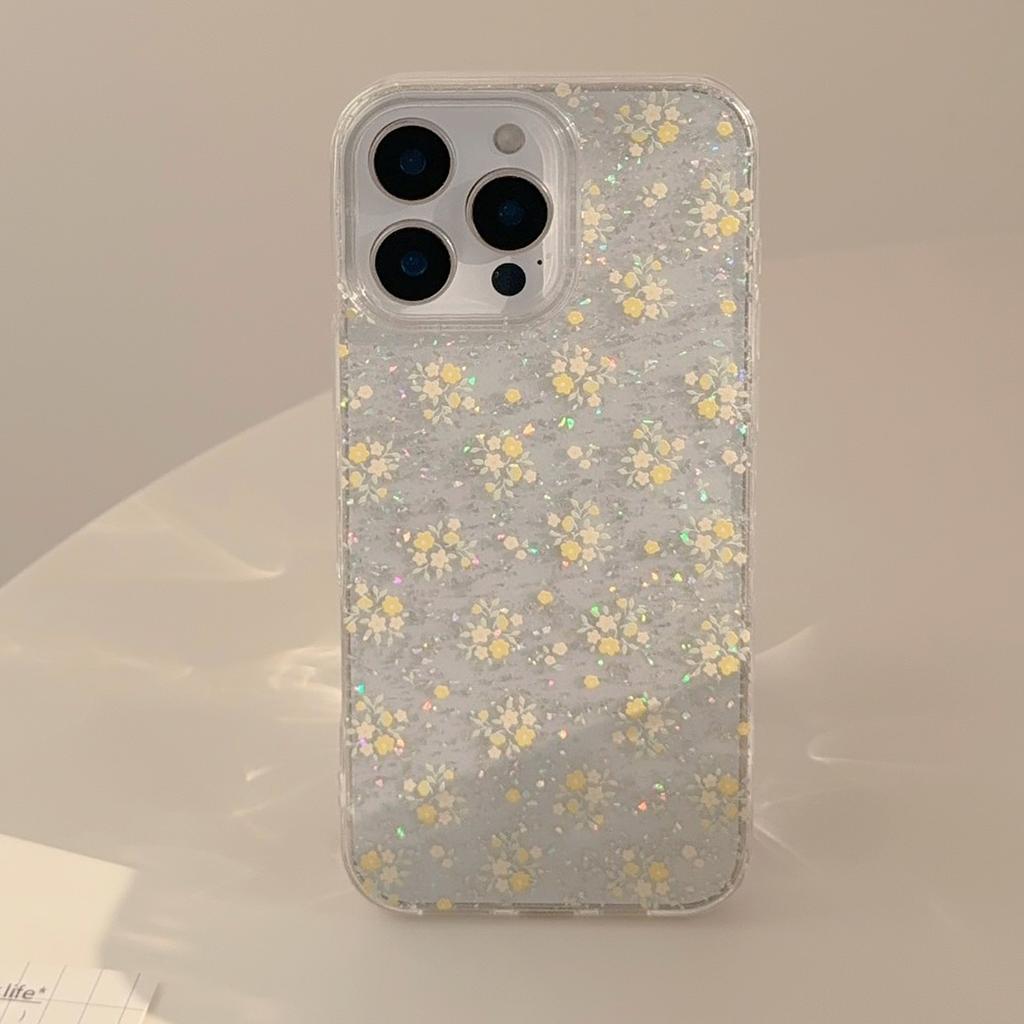 Warm Yellow Florals Suitable for Apple 16promax Mobile Phone Case 17 Fresh and Beautiful Iphone14 Glitter Powder 11 Transparent