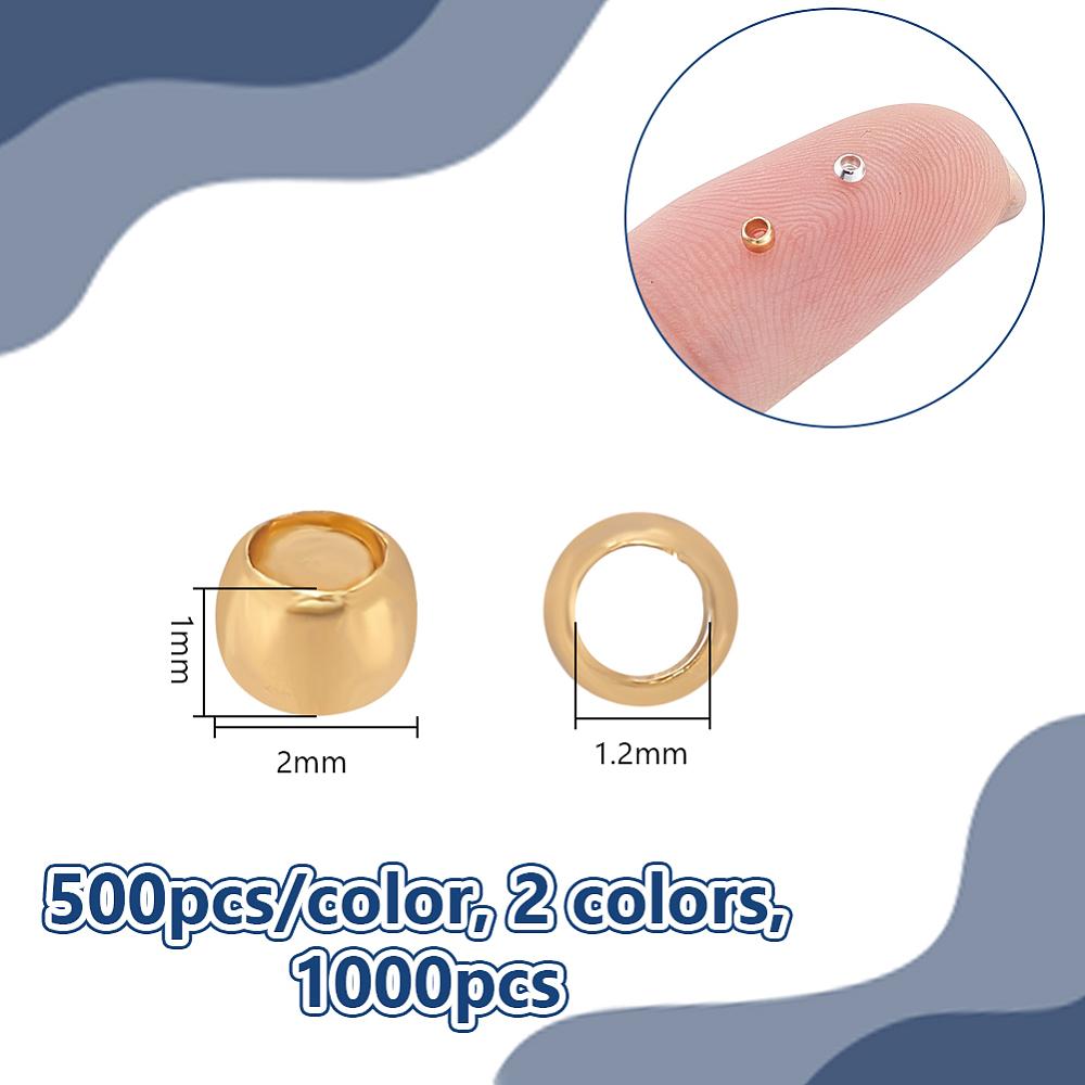 1000Pcs 2 Colors Brass Crimp Beads, Rondelle, Golden & Silver, 2x2x1mm, Hole: 1.2mm, 500pcs/color
