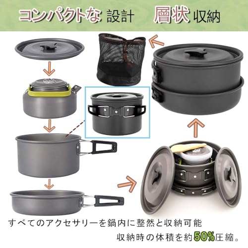 JetWave Camping Cookware Set, 9-Piece Set, Aluminum, Lightweight, Compact Storage, 2-3 Person Capacity, Outdoor Cooking Equipment, Hiking, BBQ, Emerge