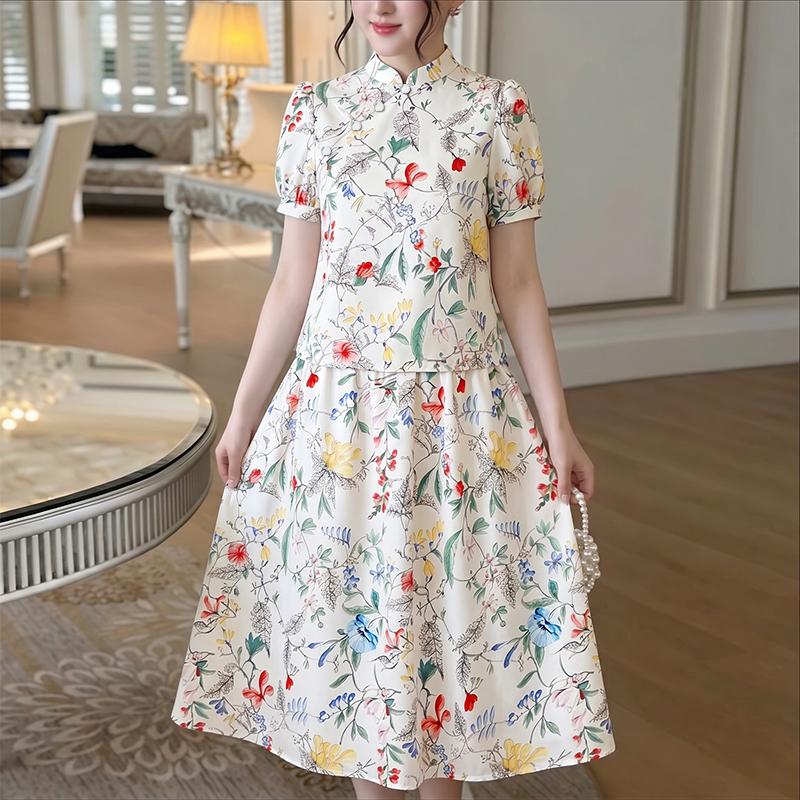 ZANZEA Women Casual Stand Collar Short Sleeve Loose Summer Floral Print Dress S абрикосовый
