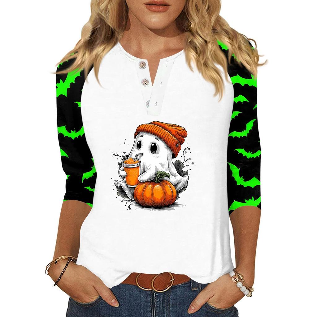 Dames T-shirt Halloween Print Knopen 3/4 Mouw Dagelijks Weekend Mode Basic V-Hals Normaal Topje