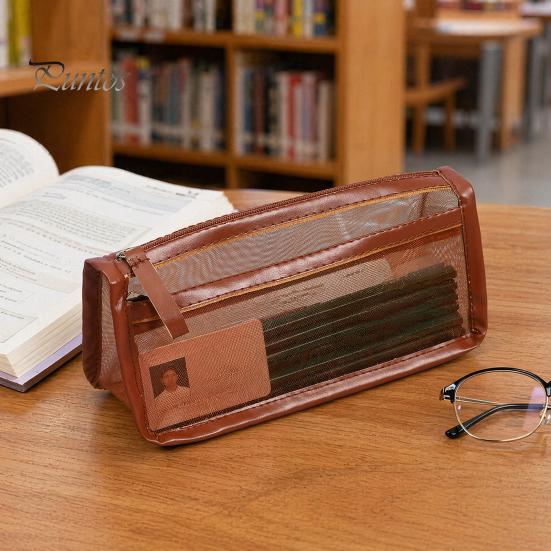 Lightweight Stationery Organizer Exam Pencil Case for Students, Double Layer Clear Mesh Pouch, Moisture-proof Bag Large Capacity Transparent