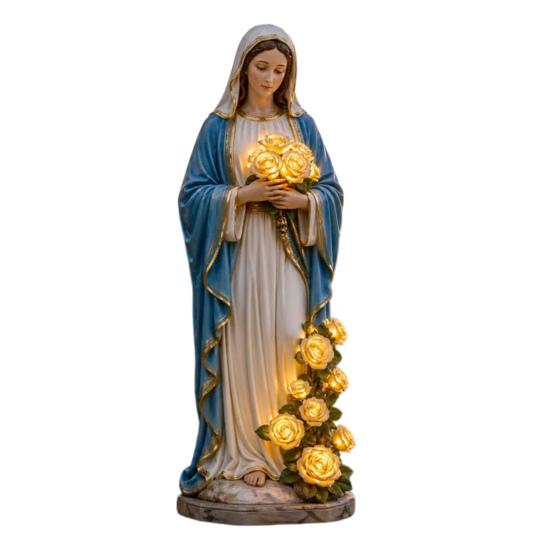 Blessed Mother Garden Light Statue with Flower USB Lamp Ornament Weather-Resistant Glowing Rose Decorative Lamp for Outdoor