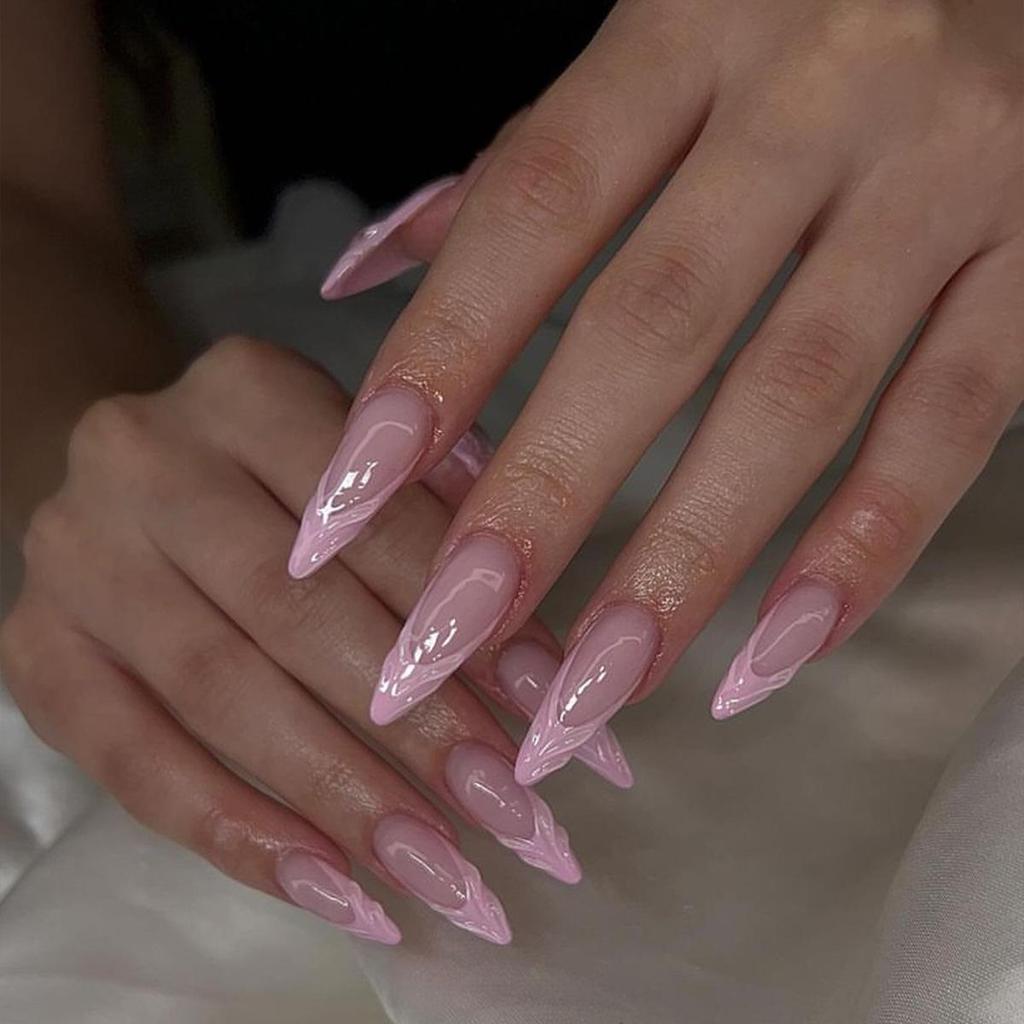 Pink Almond French Tip Stiletto False Nails - Wearable Manicure Series