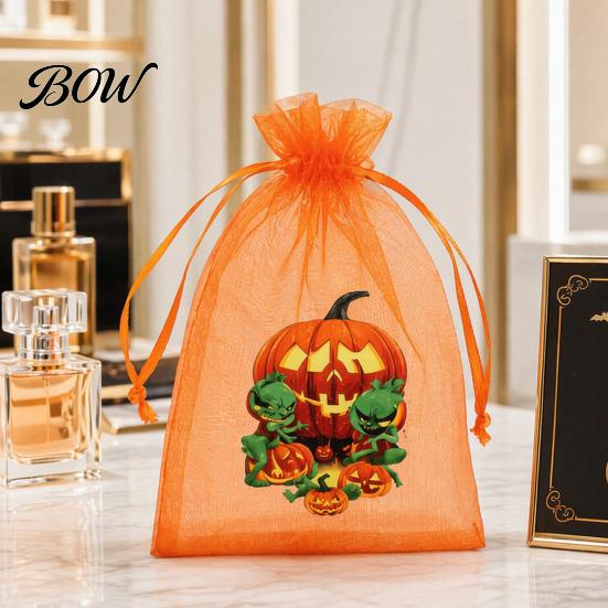 Party Favor Bag 12 Pcs Halloween Organza Candy Bag, Drawstring Treat Pouch with Pumpkin Ghost Bat Spooky Print, Sheer for Snacks, Trick or Gift