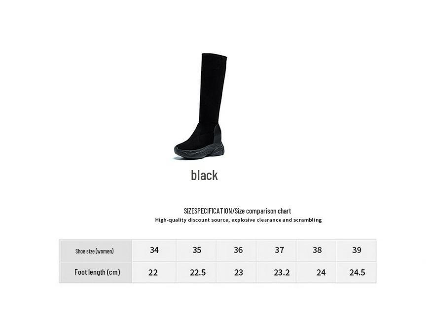 Women's Black Suede Knee-High Boots - 8CM Height Increase, Thick Sole, Plus Velvet, Elastic, 2025 Autumn/Winter Collection