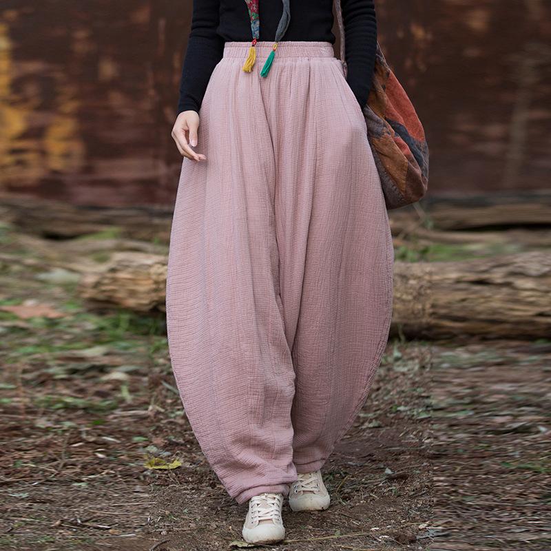 Johnature Women Vintage Winter Pants Warm Solid Color Elastic Waist Trousers Loose Pockets Female Pants