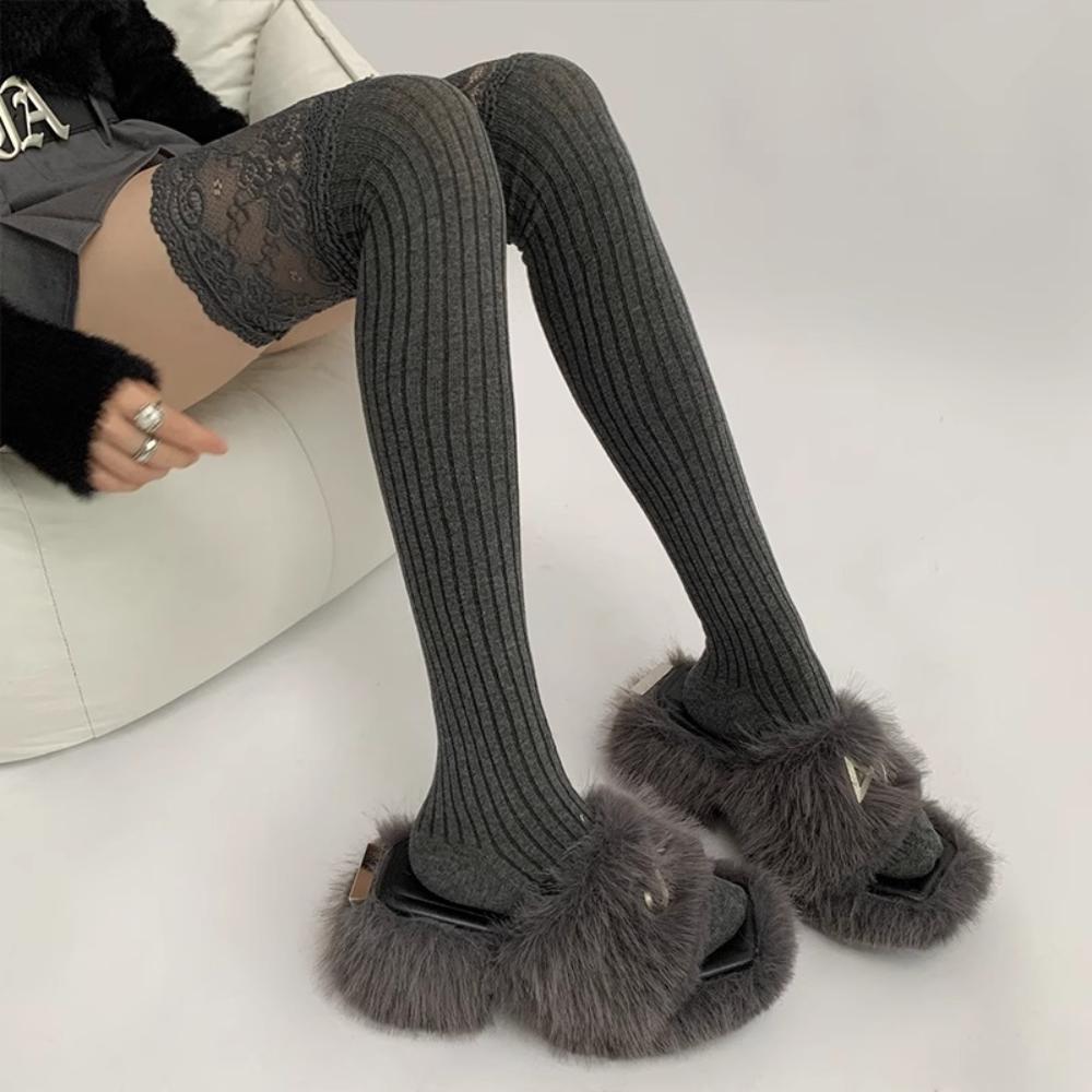 Lace Stockings Lolita Lace Patchwork Long Socks Women's Thigh-high Stocks Piles Of Socks Striped Cotton Over-the-knee Socks