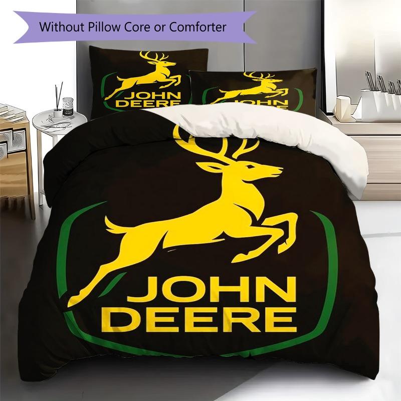 Cervo Giallo Logo John Deere Sfondo Nero Stampa Set Copripiumino 3 Pezzi Trattore Agricolo Biancheria da Letto Camera da Letto Decorazione Casa Senza Federe Piumino