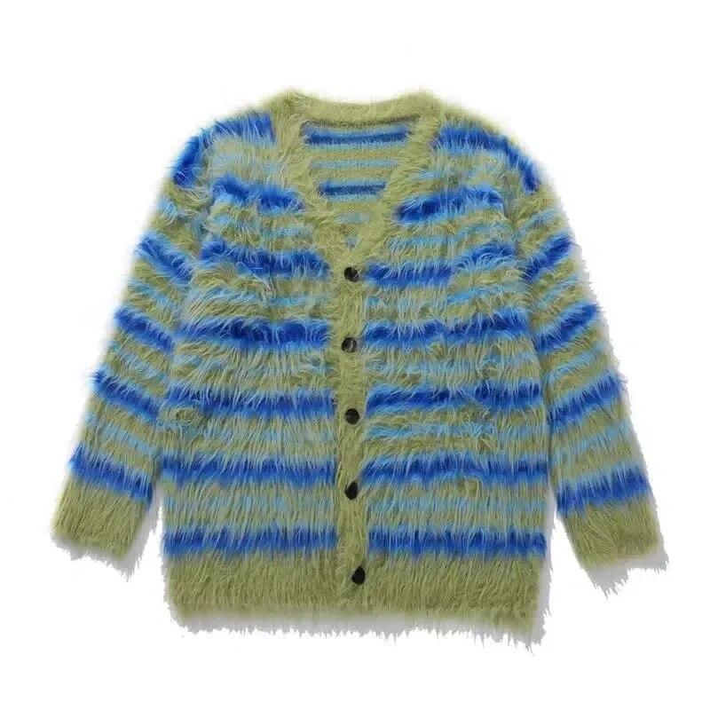 V-neck Striped Cardigan Sweater Green Women Knitted Coat Imitation Mink Velvet Thickened Warm Relaxed Casual Sweet New Fashion Y2k