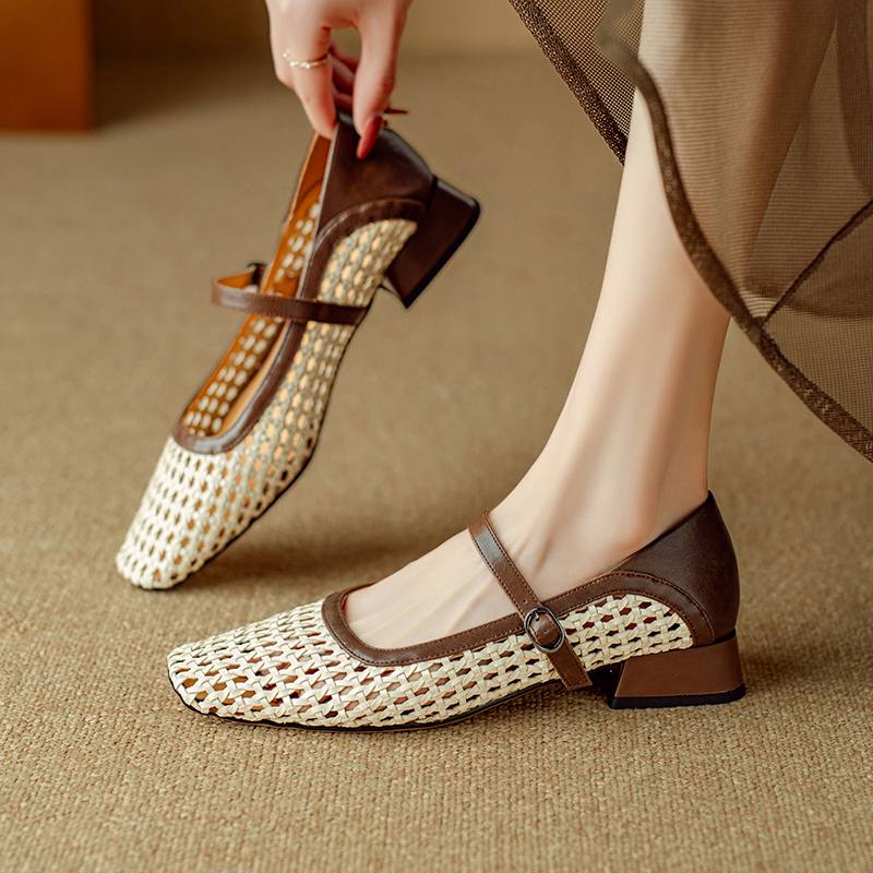 Krazing Pot Cow Skin Weaving Summer Size 41 Low Heels Party Shoes Women Square Toe Gladiator Hollow Out Pumps