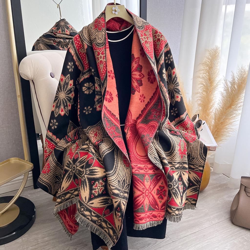 Women Two Sided Flower Print New Scarf Imitation Cashmere Soft Warm Pashmina Shawl Autumn Winter Coldproof Windproof Blanket