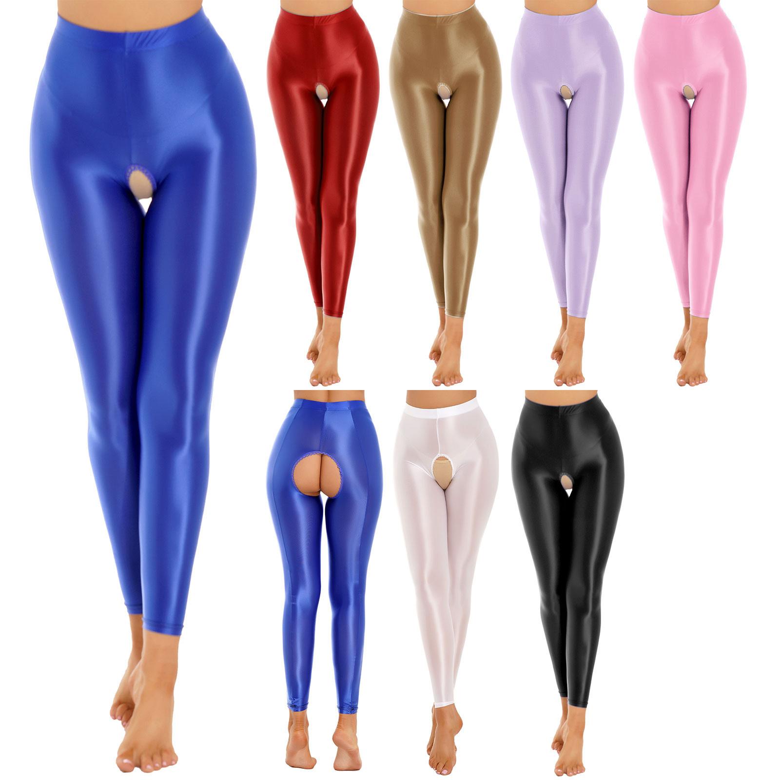 

Womens Glossy Stretchy Open Crotch Leggings Solid Color Elastic Waist Skinny Pants Perfect Valentines Day Honeymoon Gift L світло-фіолетового кольору