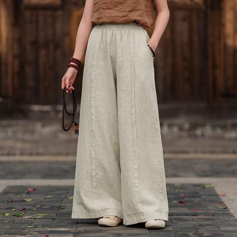Johnature Women Vintage Wide Leg Pants Spring Solid Color Elastic Waist Loose Trousers Patchwork Long Pants