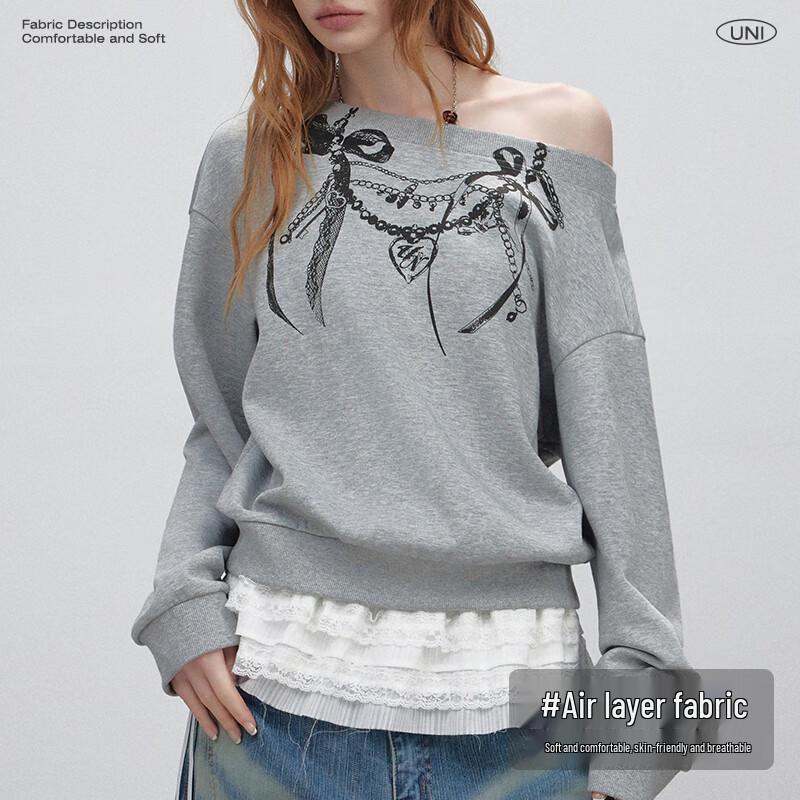 UNIFREE Sweet Cool Print Chain Slanted Collar Loose Hoodie