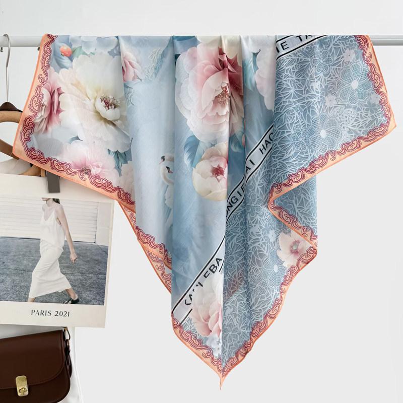 Atmosphere Blue Cashew Flower Silk Scarf 91 Series Neck Large Square Scarf Women's Scarf Seaside Baotou Scarf Sunscreen Shawl