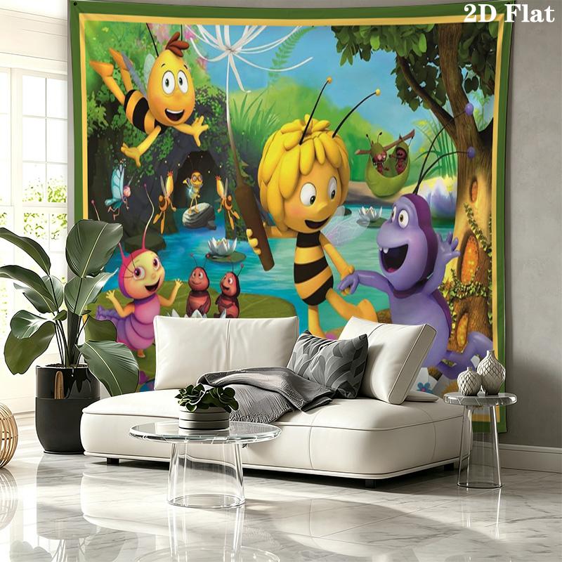 Maya the Bee Tapestry, Cartoon La Abeja Maya & Friends Honeycomb Print Wall Hanging for Kids Bedroom Home Decor