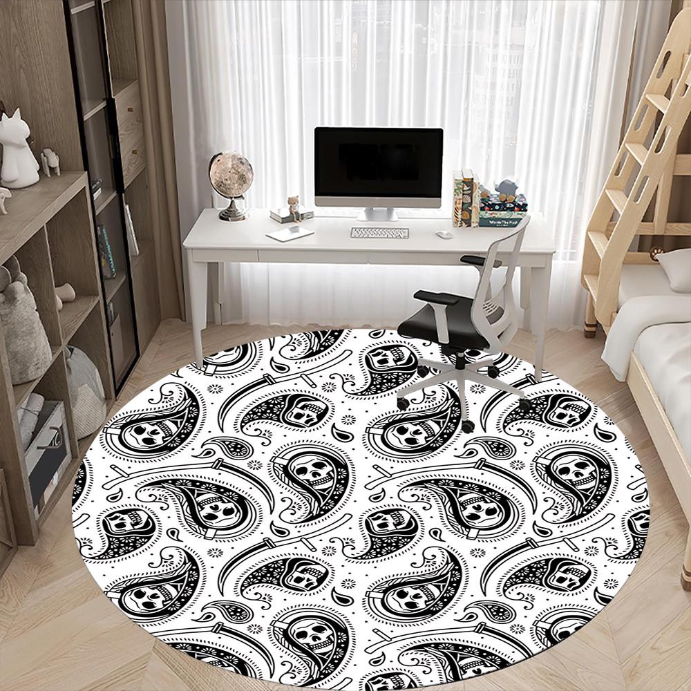 1pc Skull Paisley Office Round Area Rug, Indoor Mat Suitable ForOffice, Under Office Chairs Bedroom Living Room Home Decor, Room Deco 013