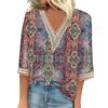 Blusa feminina casual solta, camisas, manga 3/4, acabamento em renda, estampa, decote em V, tops estampados, camisetas, camisetas