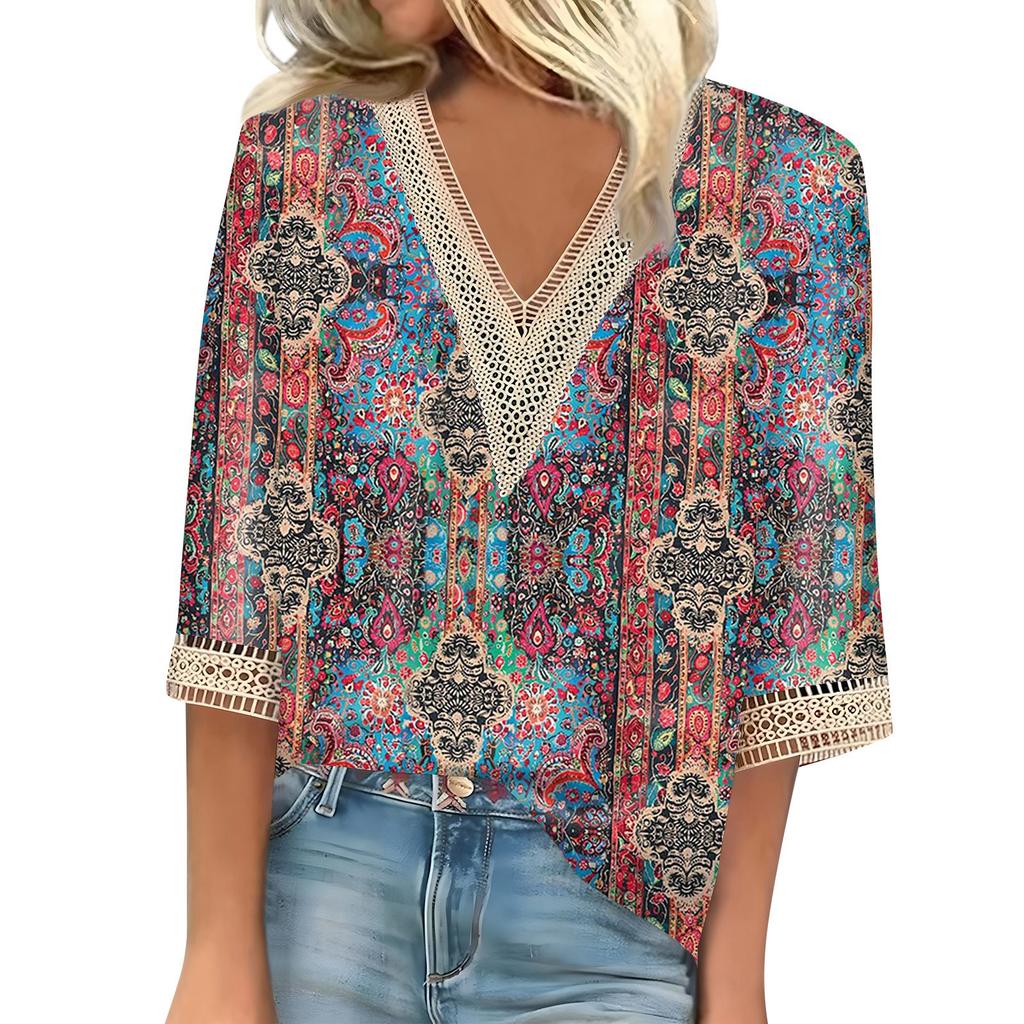 Blusa feminina casual solta, camisas, manga 3/4, acabamento em renda, estampa, decote em V, tops estampados, camisetas, camisetas