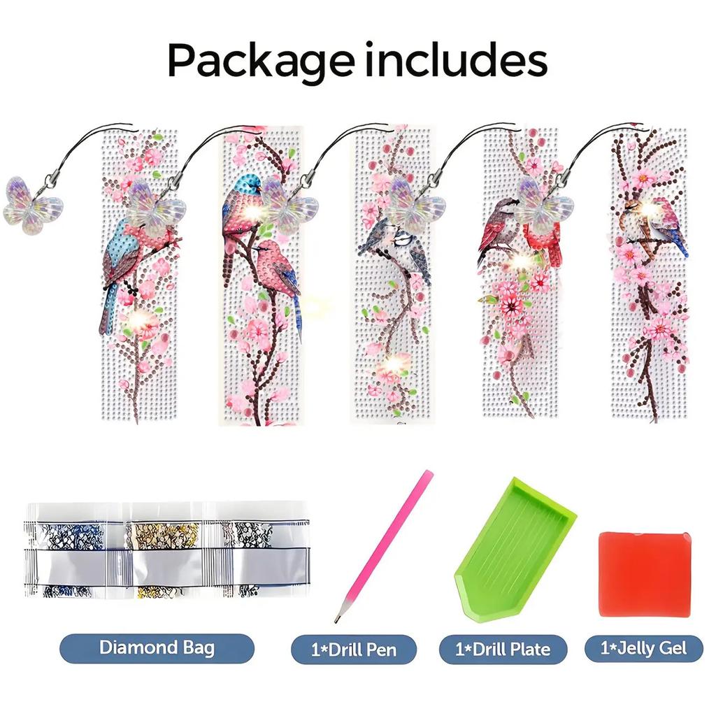 5Pcs Bird Themed DIY Diamond Painting Bookmark with Crystal Pendant Special Shaped Diamond for Beginners Book Lovers Small Gifts
