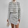 Womens Striped Plaid V-Neck Long Sleeve Blazer A-Line Midi Skirt 2-Piece Set