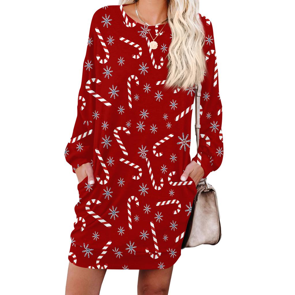 Damska modna sukienka z długim rękawem, z okrągłym dekoltem i kieszenią, w nadruk płatków śniegu