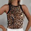 Bead, Leopard Print, Vest, Sexy, Exposed Waist, Color Blocking, Sleeveless Top for Women