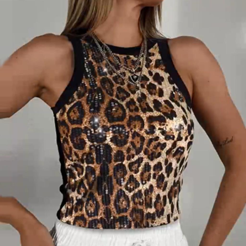 Bead, Leopard Print, Vest, Sexy, Exposed Waist, Color Blocking, Sleeveless Top for Women
