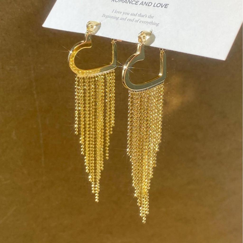 Exquisite French Gold Heart Tassel Earrings: Luxurious, Versatile, and Stylish