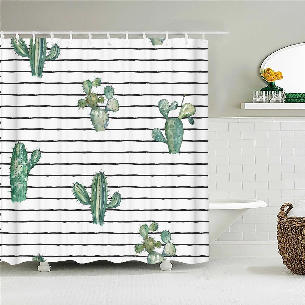 Cactus Pattern Bath Curtain Waterproof Fabric Shower Curtains Fresh Flower Plant Bathtub Screen For Bathroom Home Decoration