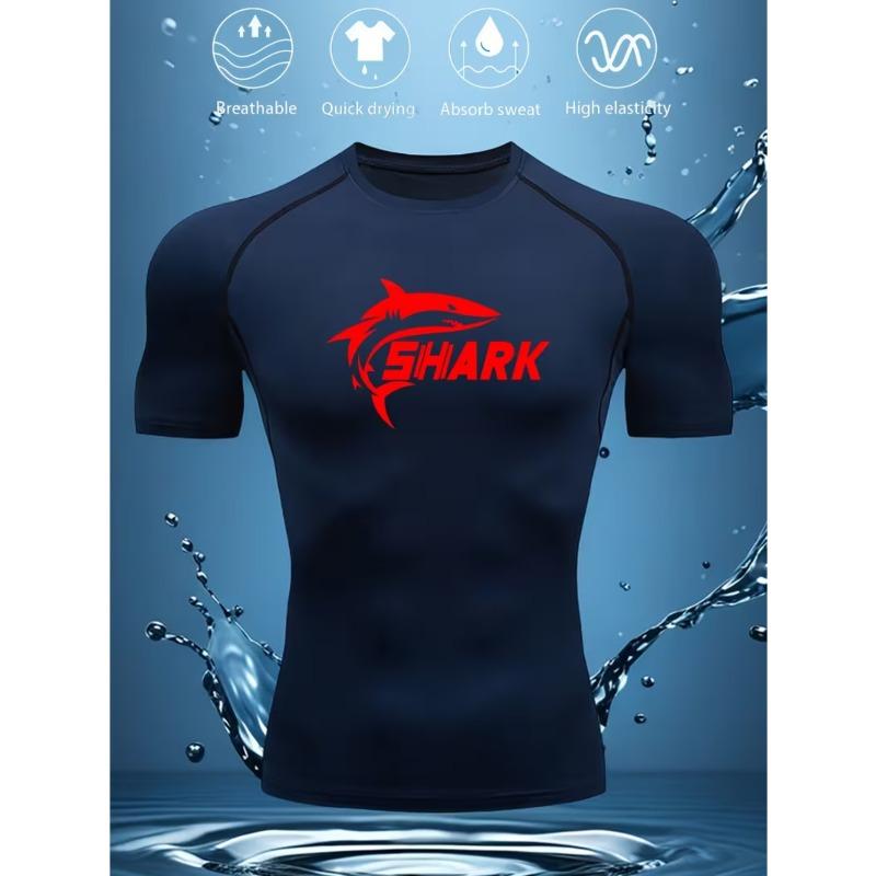 Mens White Compression Short Sleeve T-Shirt Red Shark Graphic Quick Dry High Elasticity Gym Workout And MMA Athletic Top